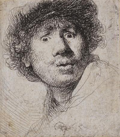  Rembrandt van Rijn, Self Portrait in a Cap, Open-Mouthed, 1630. Etching, print, printed in black on antique laid paper. GLAHA:288.