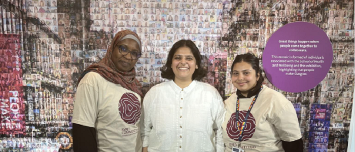 An image of three Byres Hub volunteers, two are wearing their volunteer t-shirts