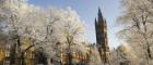 The Gilbert Scott Tower on a wintery day with snow