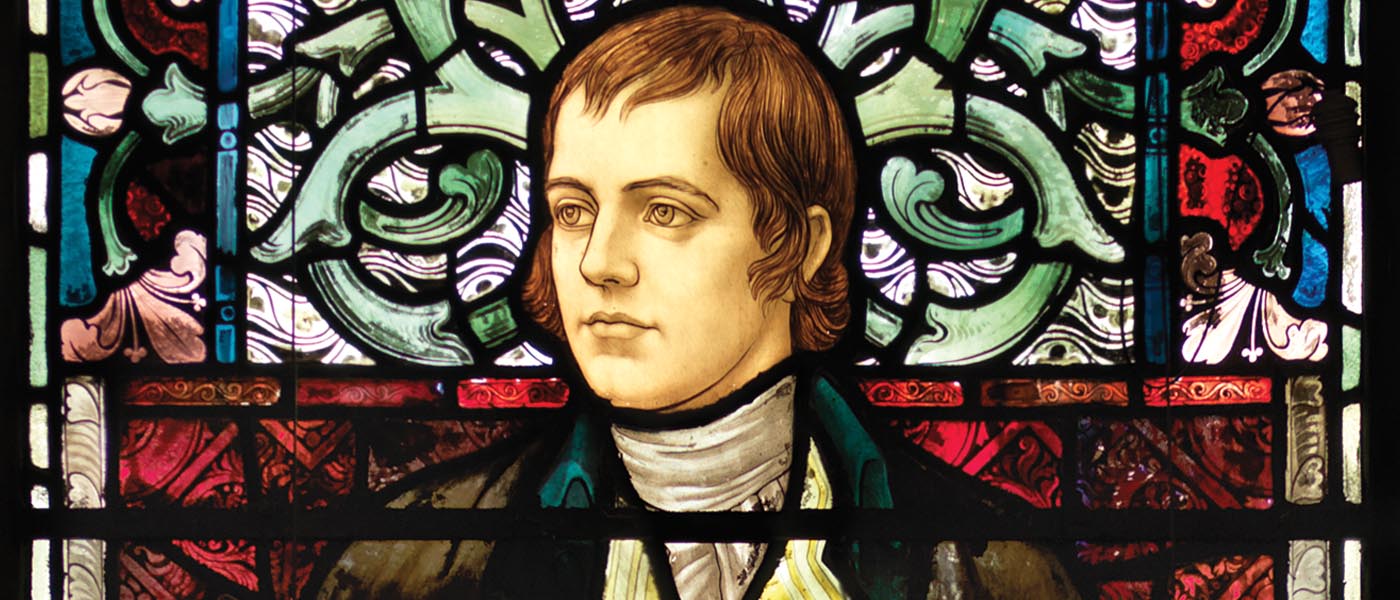 Robert Burns stained glass window (detail) in the Bute Hall