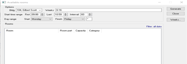 A screenshot from CMIS showing the available options in the Room Availability window.