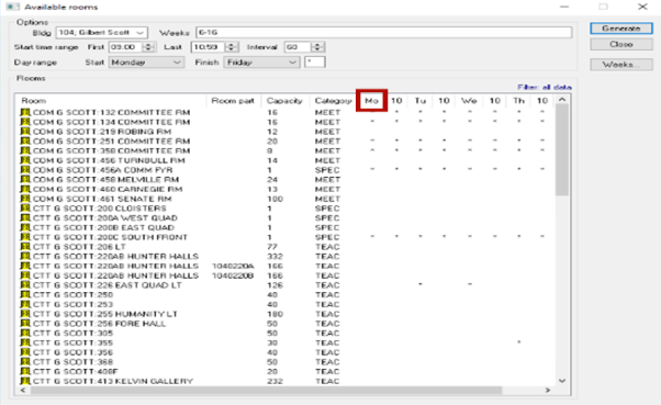 A screenshot from CMIS showing the results of a search in the Room Availability window.
