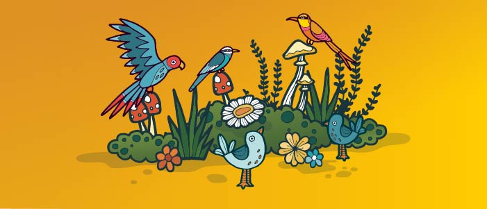 Cartoon image of several colourful birds sitting amongst various plants and fungi. 