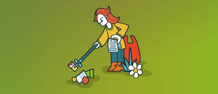 Cartoon image of a woman with a litter picker. 