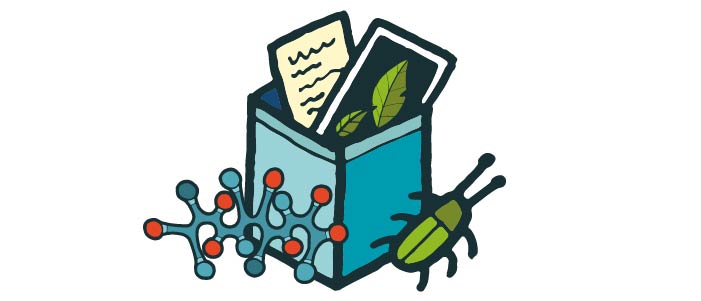 Cartoon image of a box with bugs, molecules and leaves. 