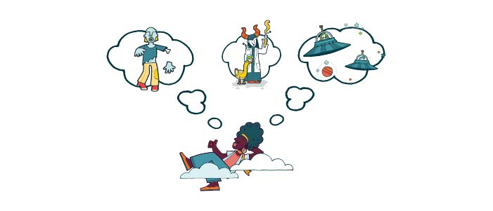 Cartoon image of a woman asleep on some clouds, thought bubbles come from her head that contain images of zombies, pantomime villains and aliens. 