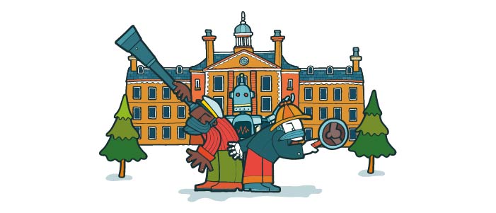 Cartoon image of a country house with two people and a robot in front of it. The people are looking through magnifying glasses and telescopes. 