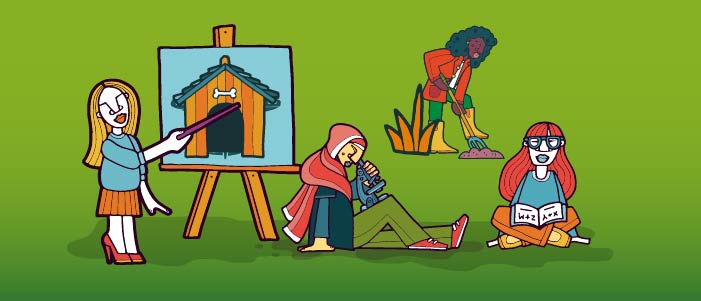 Cartoon image of women doing various activities such as reading, digging, looking down a microscope and art. 
