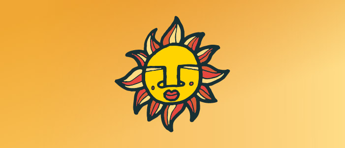 Cartoon image of the sun with a human face. 