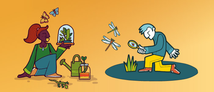 Cartoon image of a woman with plants, lizards and butterflies alongside a man with a magnifying glass observing bugs in their natural habitat. 