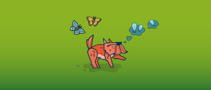 Cartoon dog with thought bubbles coming out of its head. In the background there are some butterflies.