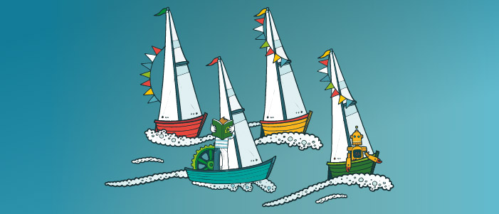 Cartoon image of four boats, on one boat is a person reading a book with a recycling symbol on. On another boat is a robot. 