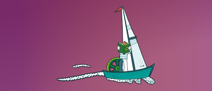 Cartoon image of a boat with a person reading a book that has a recycling symbol on it. 