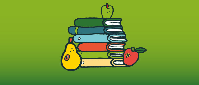 Cartoon image of a pile of books with apples and pairs dotted around them. 