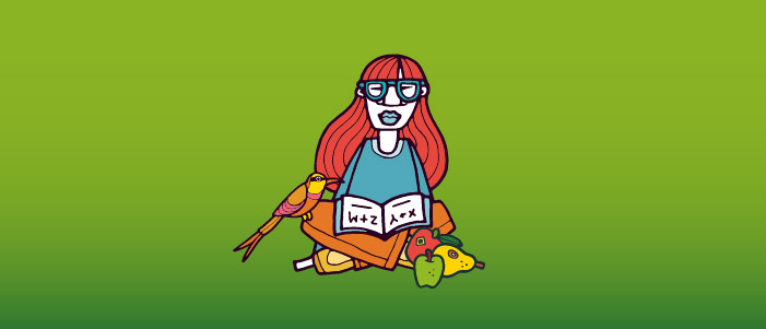 Cartoon image of a girl reading a book, on her knee is a bird and in front of her is three pieces of fruit.