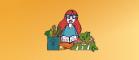 Cartoon image of a girl reading a book, on one side of her is a bag of produce and the other is a bush with mushrooms. 