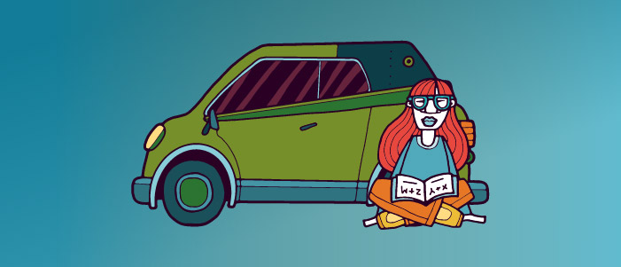 Cartoon image of a large green car, a girl is sitting in front of this reading a book.