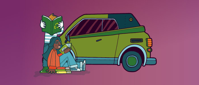 Cartoon image of a large green car, two people are in front of the car reading books. 