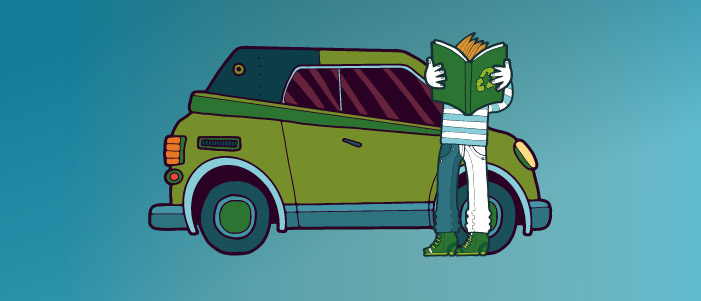 Cartoon image of a large green car, there is a person in front of the car reading a book. 