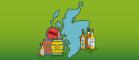 Cartoon outline of Scotland surrounded by whisky bottles and barrels