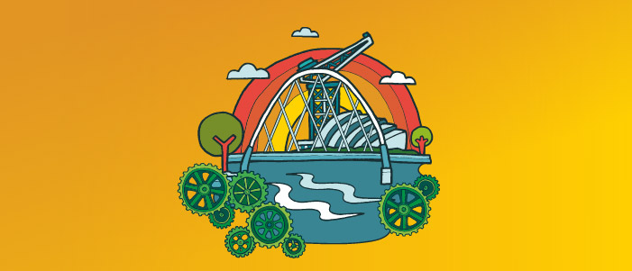 Cartoon image of the Squinty Bridge across the Clyde with the SEC Armadillo in the background, in the river is a few cartoon cogs. 