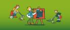 Cartoon image of a man painting a picture of a rubbish bin. Either side of this image are cartoon litter pickers. 