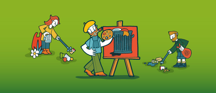 Cartoon image of a man painting a picture of a rubbish bin. Either side of this image are cartoon litter pickers. 