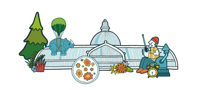 Cartoon image of the Kibble Palace in the Glasgow Botanic Gardens surrounded by robots, plants, petri dishes and a rhino. 