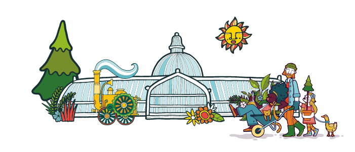 Cartoon image of the Kibble Palace in the Glasgow Botanic Gardens surrounded by people with plants, a steam engine and the sun in the sky. 
