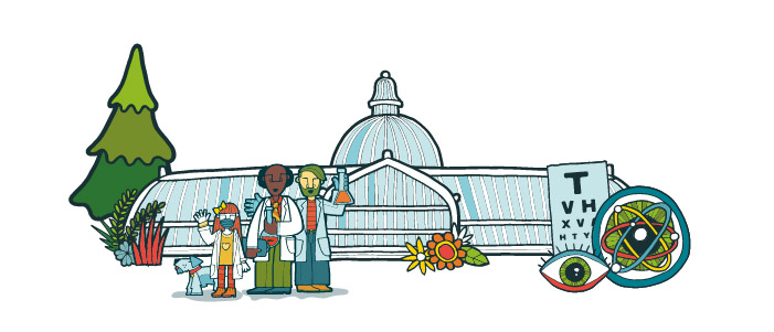 Cartoon image of the Kibble Palace in the Glasgow Botanic Gardens surrounded by people in lab coats holding test tubes, and an eye with an eye test sheet.