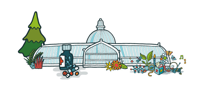 Cartoon image of the Kibble Palace in the Glasgow Botanic Gardens surrounded by a bottle of medicine and a box surrounded by various scientific apparatus such as a bunsen burner and a magnifying glass. 