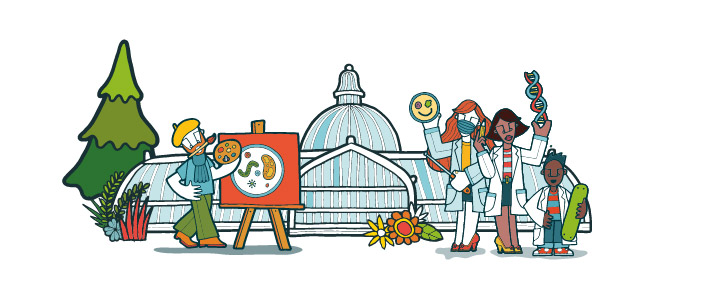 Cartoon image of the Kibble Palace in the Glasgow Botanic Gardens surrounded by a man painting a petri dish on cavas, and a group of women and a child wearing lab coats. 