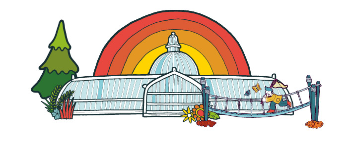 Cartoon image of the Kibble Palace in the Glasgow Botanic Gardens, in front is a bridge with a person catching butterflies and behind is a rainbow. 