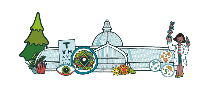 Cartoon image of the Kibble Palace in the Glasgow Botanic Gardens surounded by an eye with an eye test sheet, and a lady holding DNA and petri dishes. 
