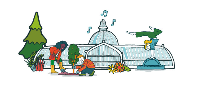 Cartoon image of the Kibble Palace in the Glasgow Botanic Gardens surounded a lady doing yoga, two people planting a tree and musical notes. 