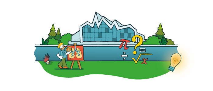 Cartoon image of the Riverside Museum. In front of the building is a man painting a picture of the lungs, various maths symbols and a light bulb. 