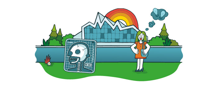 Cartoon image of the Riverside Museum. In front of the building is a woman with thought bubbles coming from her head and an X-ray of a head. Behind the building is a rainbow. 