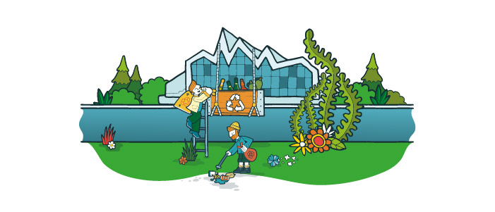 Cartoon image of the Riverside Museum. In front of the building is a some seaweed and two people collecting litter for recycling.