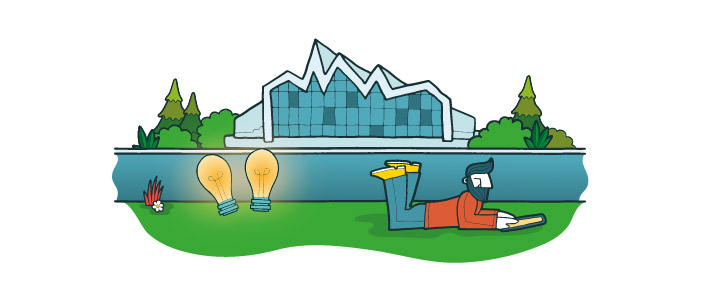 Cartoon image of the Riverside Museum. In front of the building is two lightnulbs and a man using a tablet. 