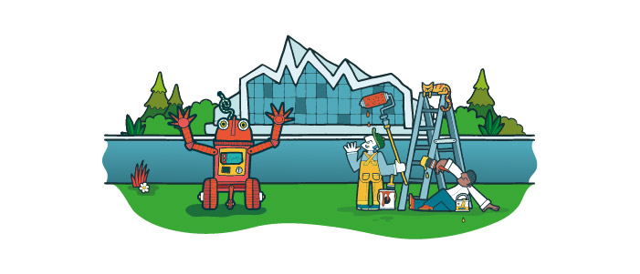 Cartoon image of the Riverside Museum. In front of the building is two painters with paintbrushes, and a robot.