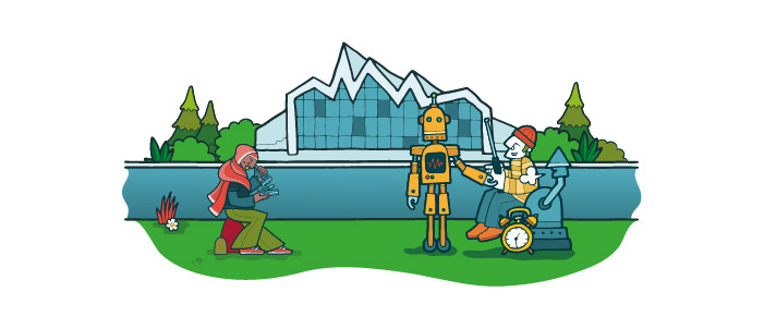 Cartoon image of the Riverside Museum. In front of the building is a man with a robot, and a woman using a microscope.