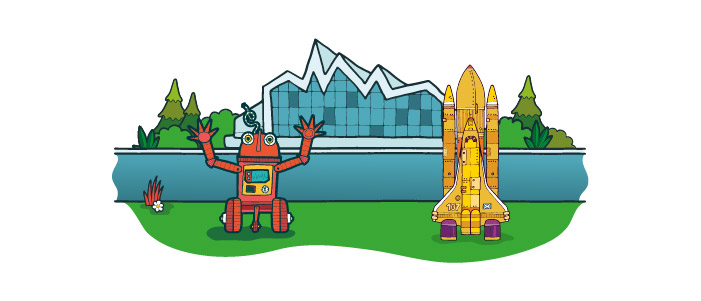 Cartoon image of the Riverside Museum. In front of the building is a robot and a rocket.