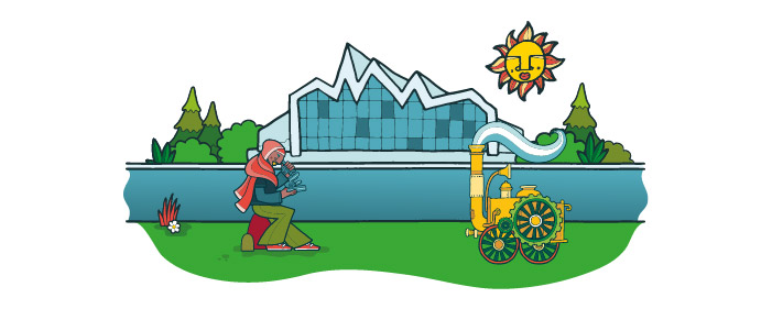 Cartoon image of the Riverside Museum. In front of the building is a steam engine and a woman using a microscope. The sun is in the sky above the building.
