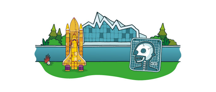 Cartoon image of the Riverside Museum. In front of the building is an X-ray of a head and a rocket.