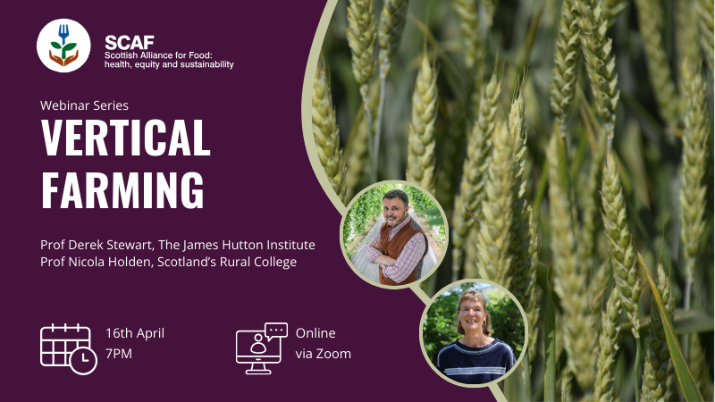 SCAF Webinar on Vertical Farming with Profs Derek Stewart and Nicola Holden on 16th April at 7pm. Picture of wheat.
