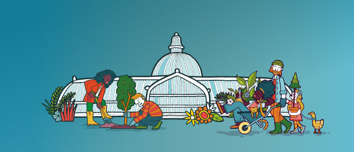 Cartoon image of the Kibble Palace in the Glasgow Botanic Gardens surounded people planting a tree and pushing wheelbarrows. 
