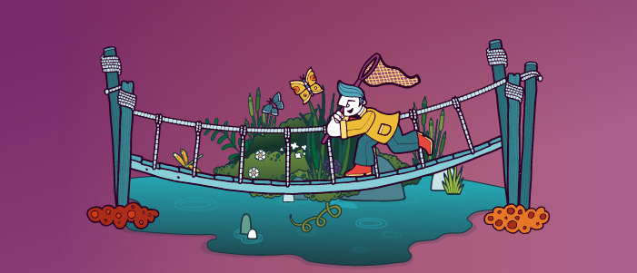Cartoon image of a bridge, on the bridge is a man catching butterflies. Underneath the bridge is a wetland environment.