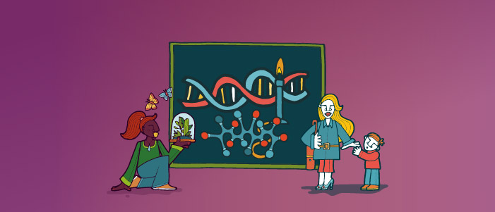 Cartoon image of three people around a screen, on the screen are several scientific objects such as a bunsen burner and DNA.