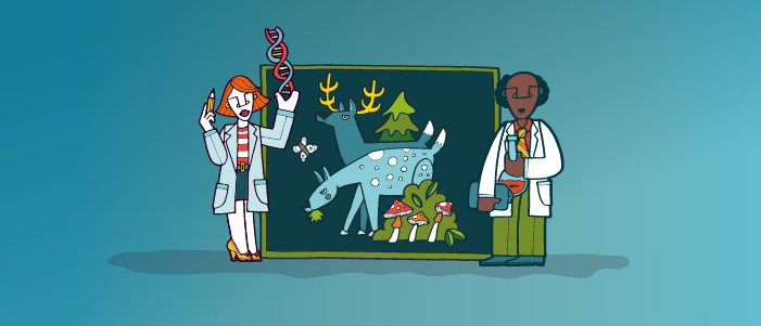 Cartoon image of two scientists in front of a screen, on the screen is some deer.