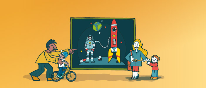 Cartoon image of two parents and two chuldren in front of a screen, on the screen is an astronaut and rocket on a planet.